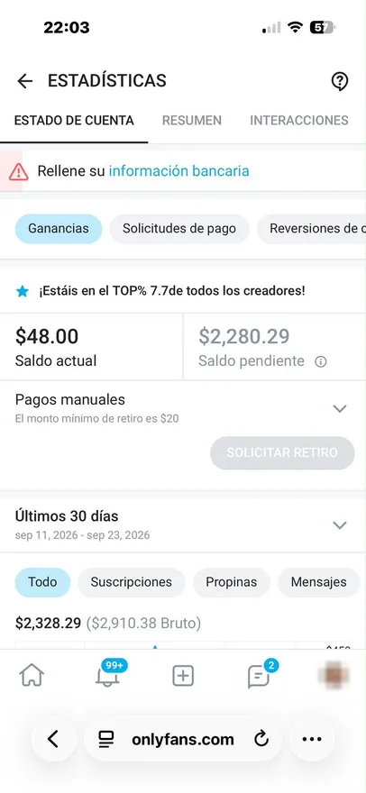 Painel de ganhos com 2.328 USD líquidos nos últimos 30 dias