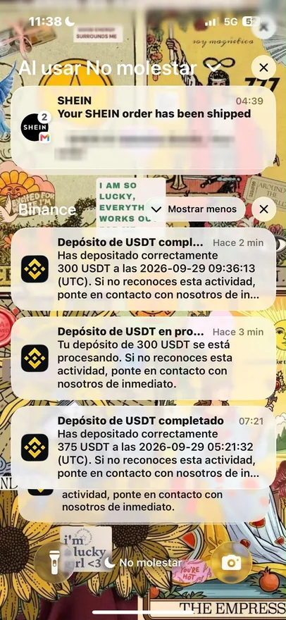 Avisos de dois depósitos em USDT no mesmo dia