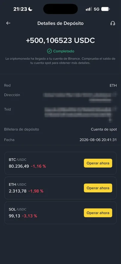 Detalhe de um depósito de 500 USDC