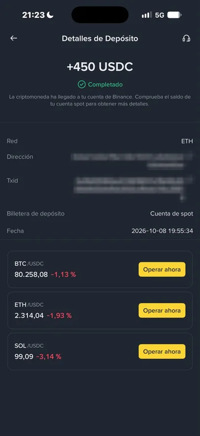 Detalhe de um depósito de 450 USDC