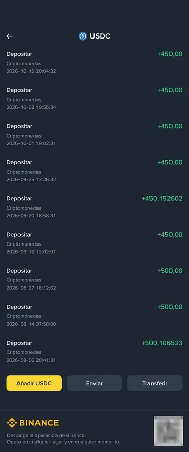 Lista de depósitos semanais em USDC