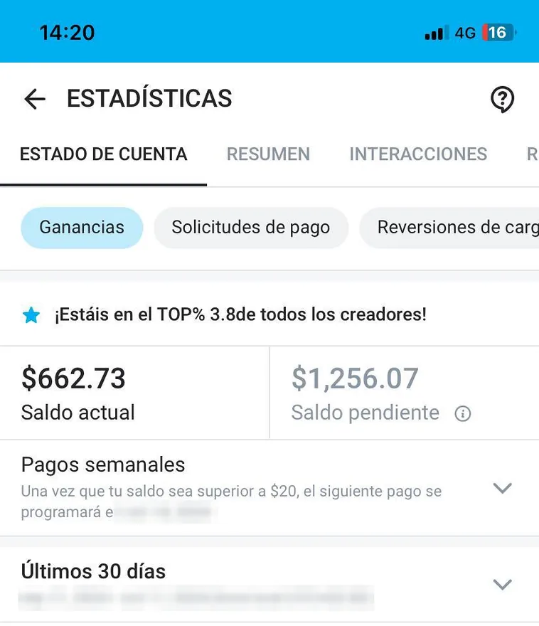 Painel com pagamentos semanais ativados e top 3,8% das criadoras
